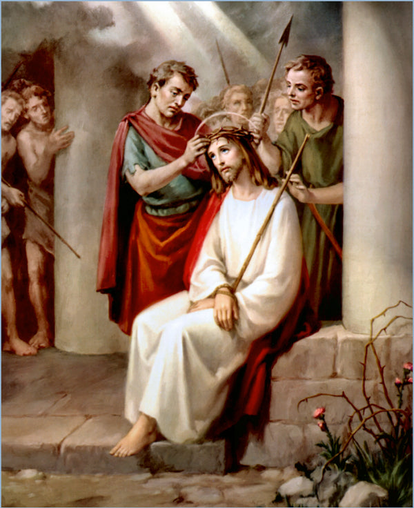 A classical oil painting depicting jesus christ seated, wearing a white robe with red drapery and a crown of thorns being placed upon his head by roman soldiers.