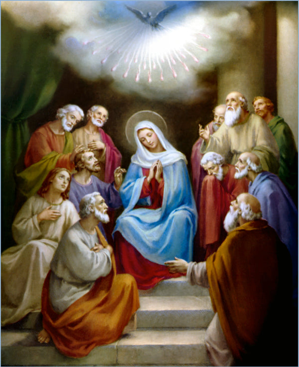 A classical religious painting depicting the virgin mary in a blue and red robe, surrounded by apostles under a radiant dove.