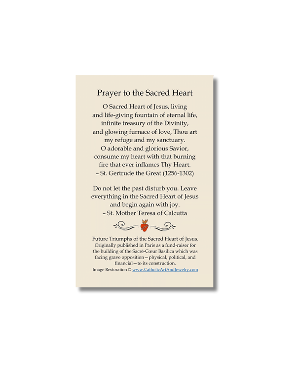 Future triumphs of the Sacred Heart beige holy prayer card with red heart