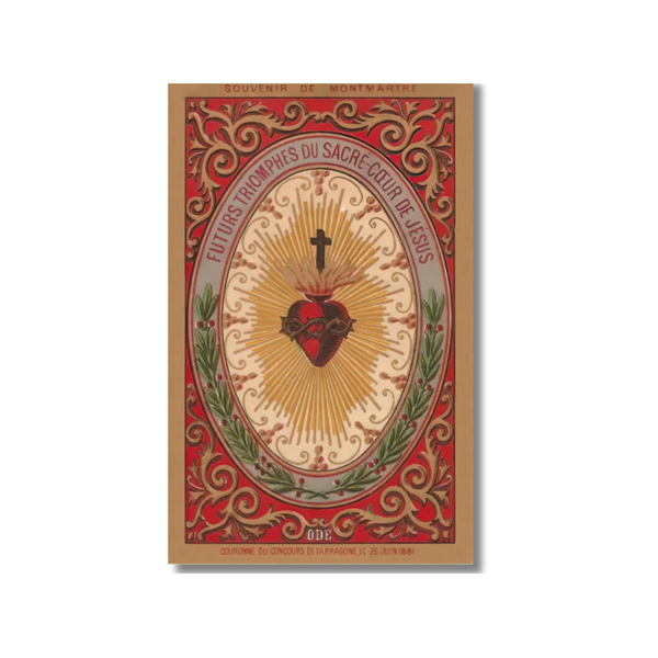 Red and gold Sacred Heart of Jesus vintage holy card with ornate borders