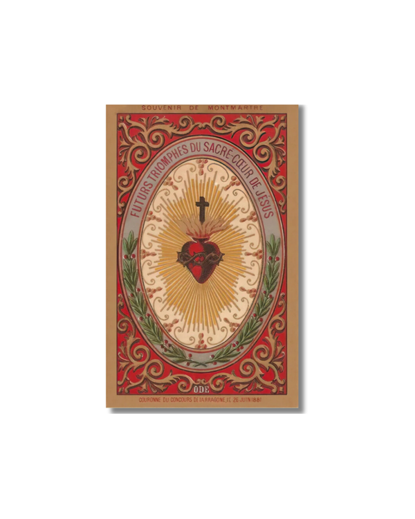 Red and gold Sacred Heart of Jesus vintage holy card with ornate borders