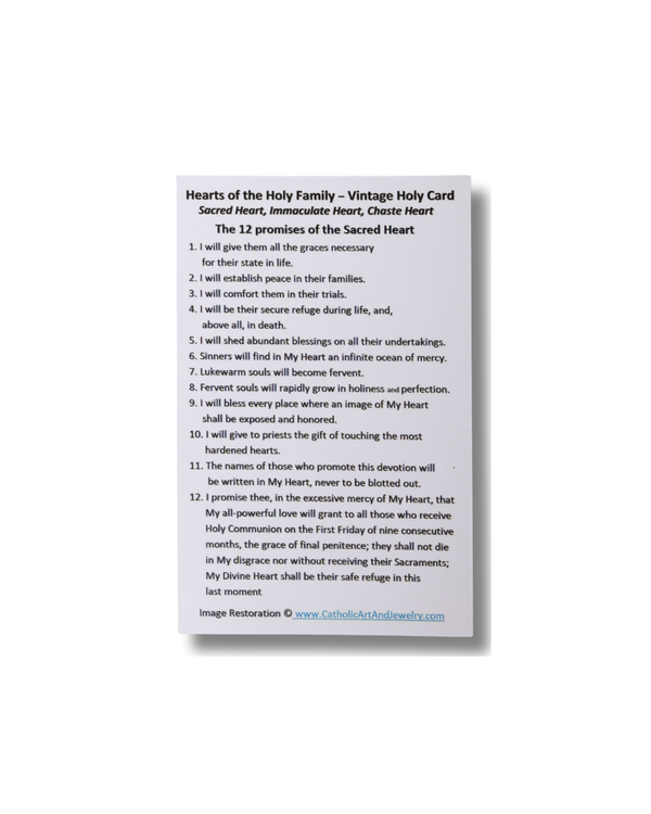 Back of Hearts of the Holy Family Holy Card with 12 Sacred Heart promises