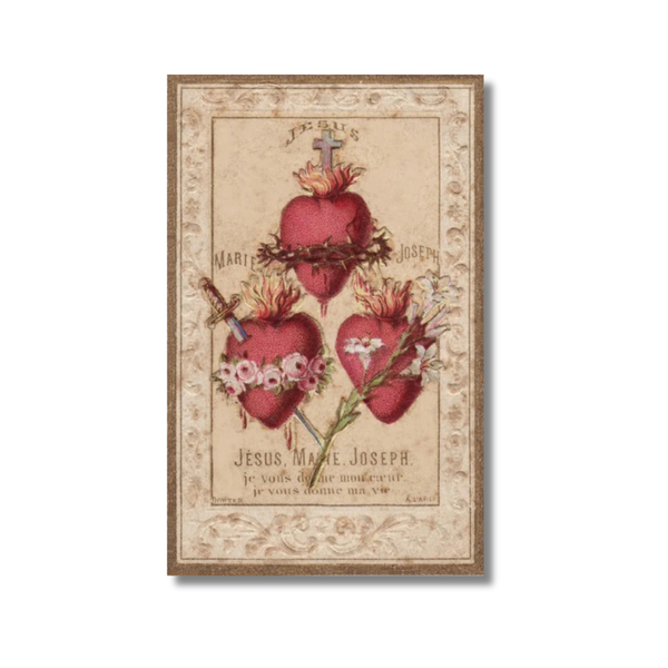 Vintage Hearts of the Holy Family holy card with 3 red floral thorn hearts