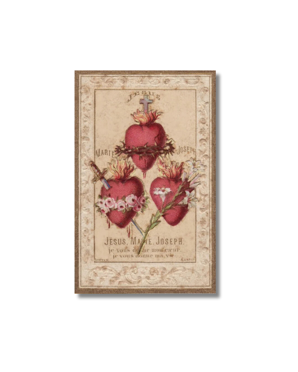 Vintage Hearts of the Holy Family holy card with 3 red floral thorn hearts