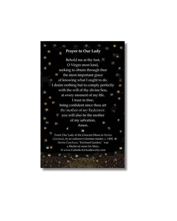 Holy Card Madonna of the Crescent Moon black prayer card with gold stars