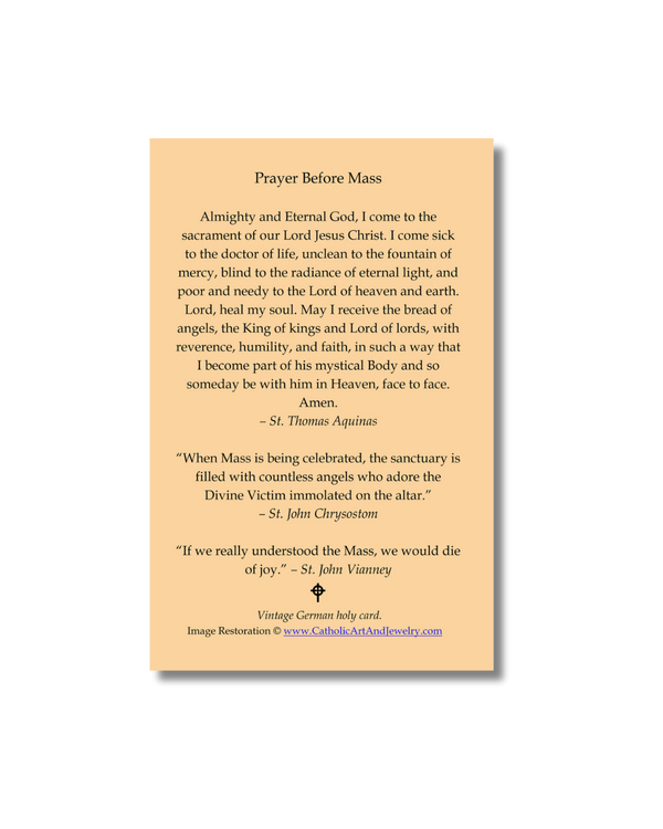 Beige vintage German holy card with saint quotes for Holy Mass