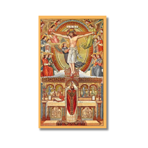 Ornate Holy Card Holy Mass print of Christ crucifixion with angels