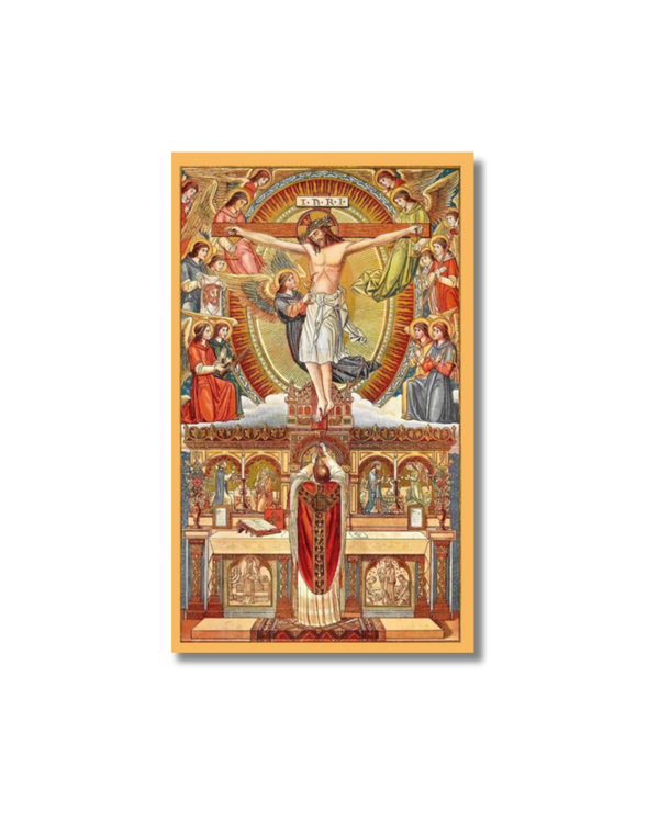 Ornate Holy Card Holy Mass print of Christ crucifixion with angels