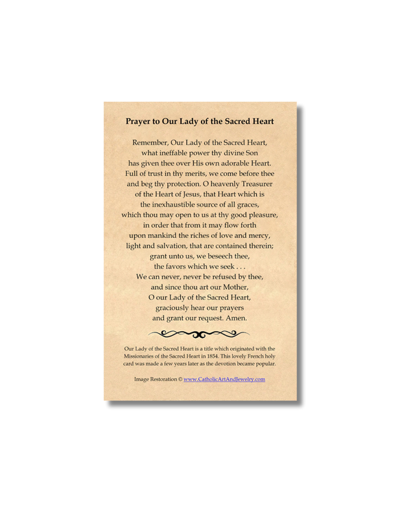 Holy Card – Our Lady of the Sacred Heart beige prayer card with black text