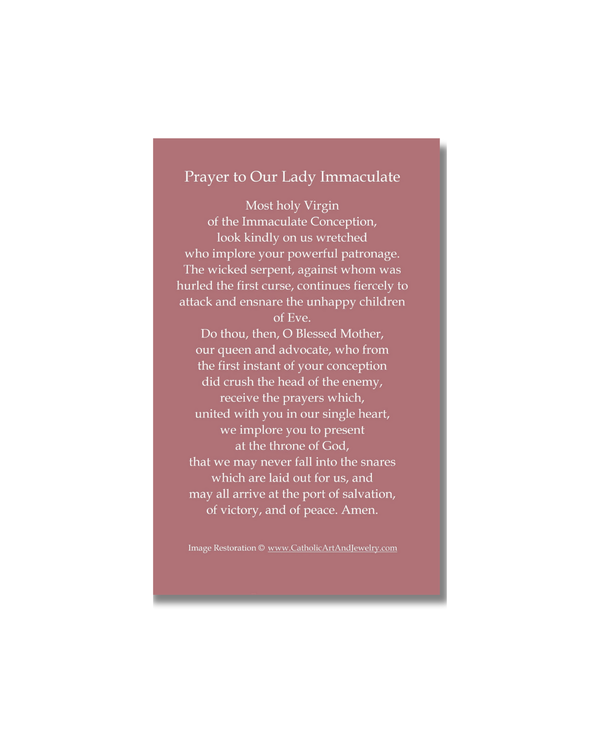 Immaculate Conception Holy Card: pink prayer card with Our Lady Immaculate text