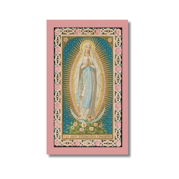 Immaculate Conception Holy Card: pink-framed Virgin Mary with golden halos