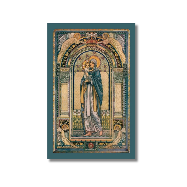 Morning Offering Holy Card: Virgin Mary holding Baby Jesus in ornate gold arches