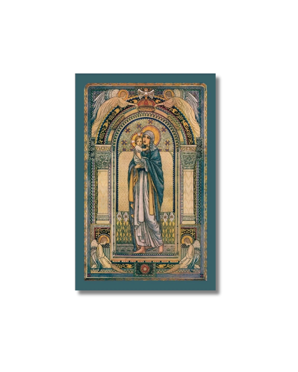 Morning Offering Holy Card: Virgin Mary holding Baby Jesus in ornate gold arches
