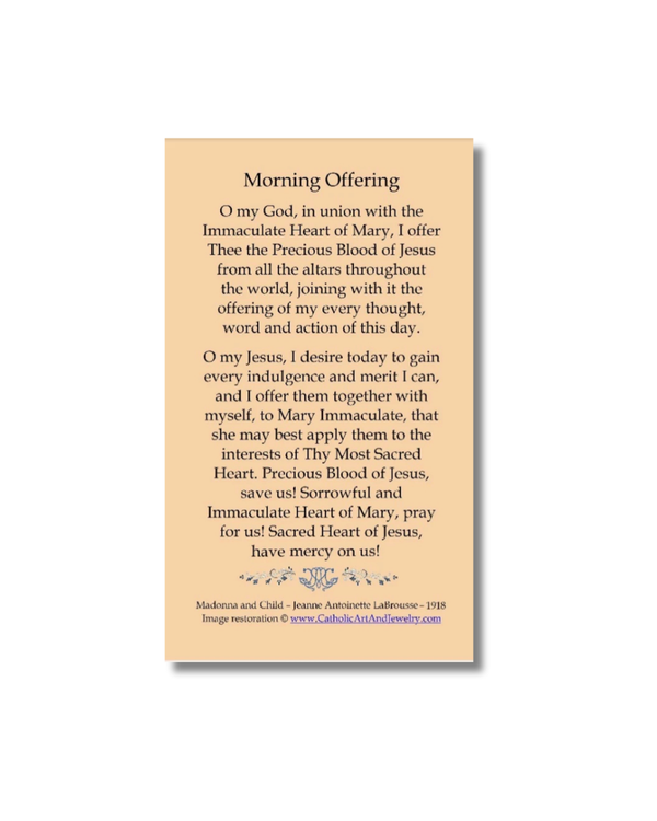 Morning Offering Holy Card: beige prayer card with black text and flourish
