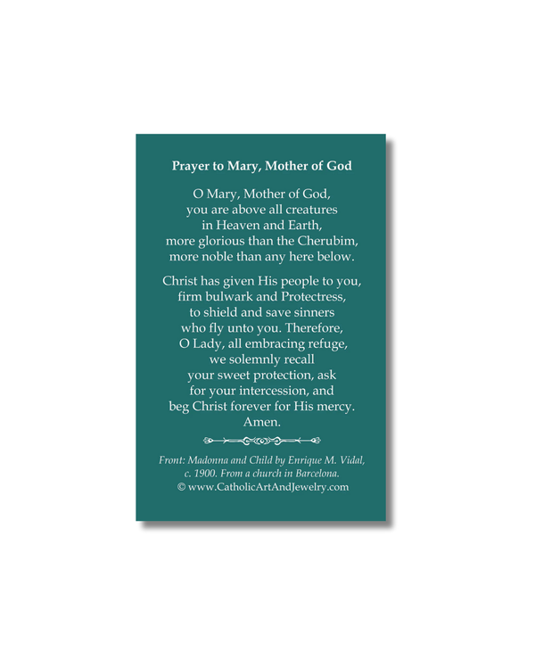 Teal prayer card with Prayer to Mary Mother of God Madonna and Child by Enrique M. Vidal