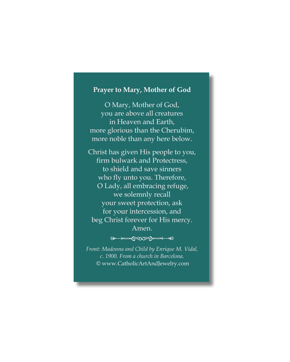 Teal prayer card with Prayer to Mary Mother of God Madonna and Child by Enrique M. Vidal