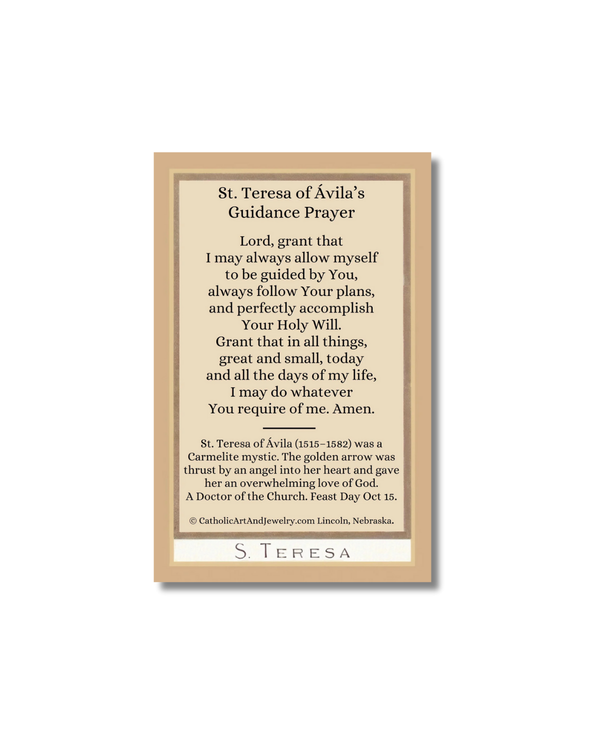 Beige-framed St. Teresa of Avila prayer card front