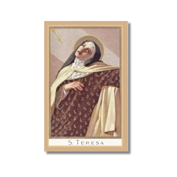 Framed portrait of St. Teresa of Avila in brown robe, white veil, halo
