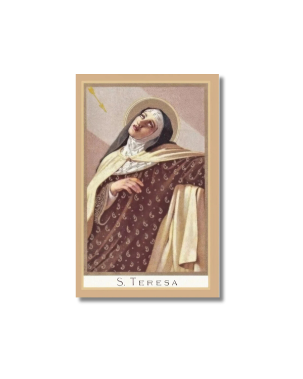 Framed portrait of St. Teresa of Avila in brown robe, white veil, halo