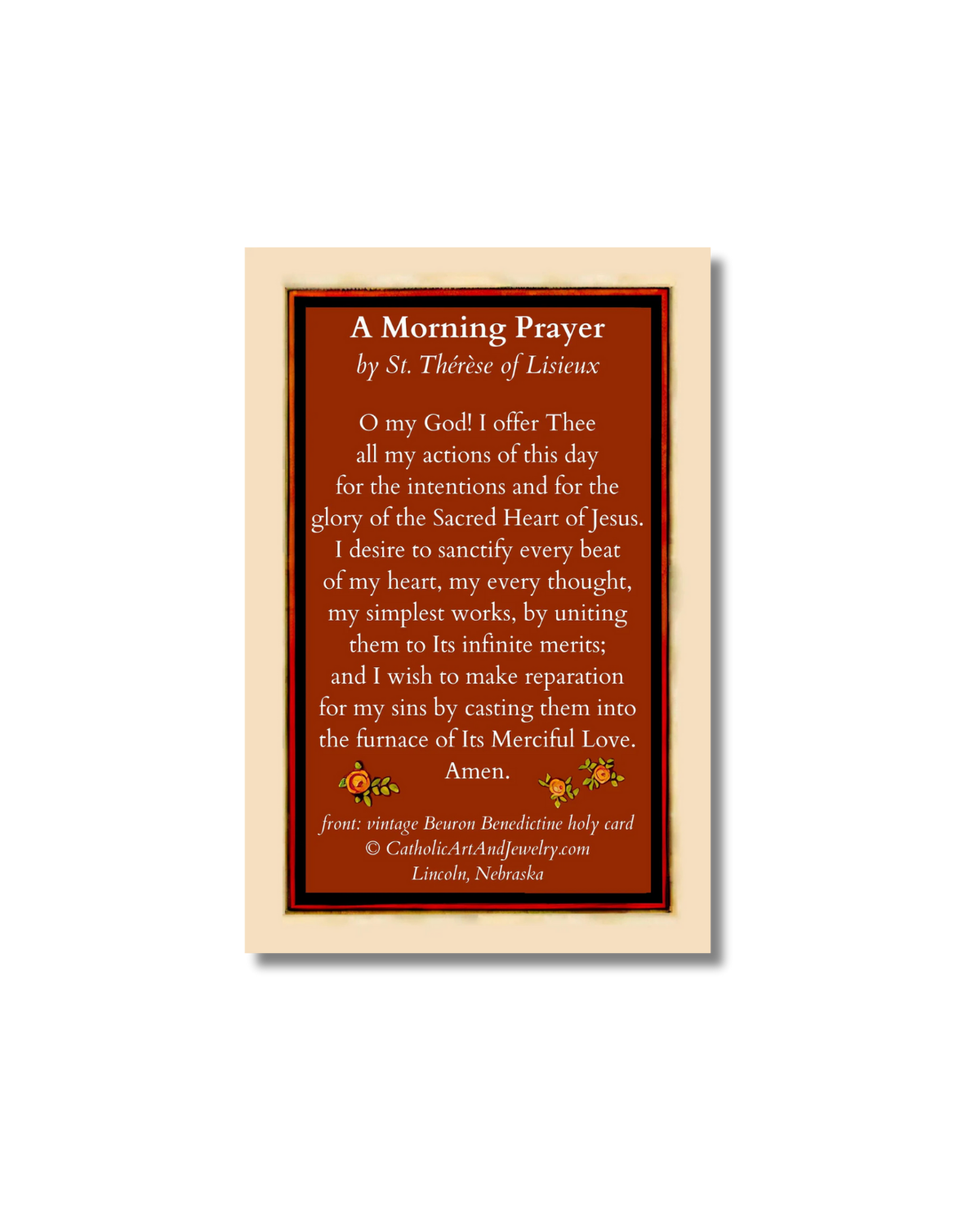 Framed St. Therese of Lisieux holy card with red background and morning prayer text