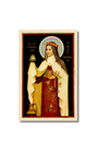 Framed St. Therese of Lisieux print with saint in red cream robe holding candle