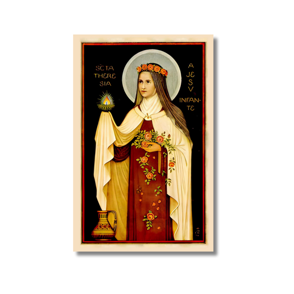 Framed St. Therese of Lisieux print with saint in red cream robe holding candle