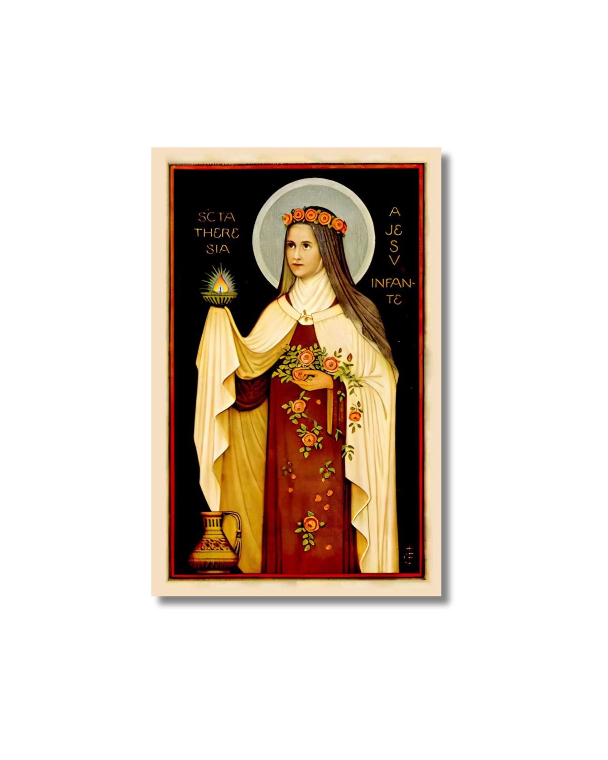 Framed St. Therese of Lisieux print with saint in red cream robe holding candle