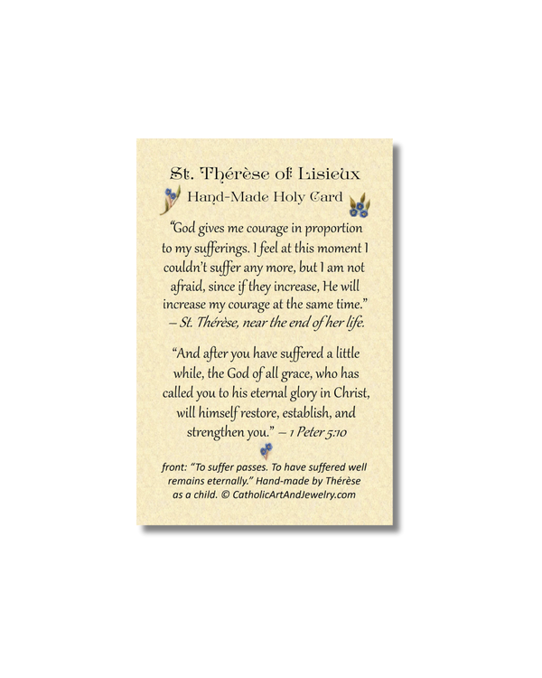 Beige handmade holy card of St. Therese with quote on back