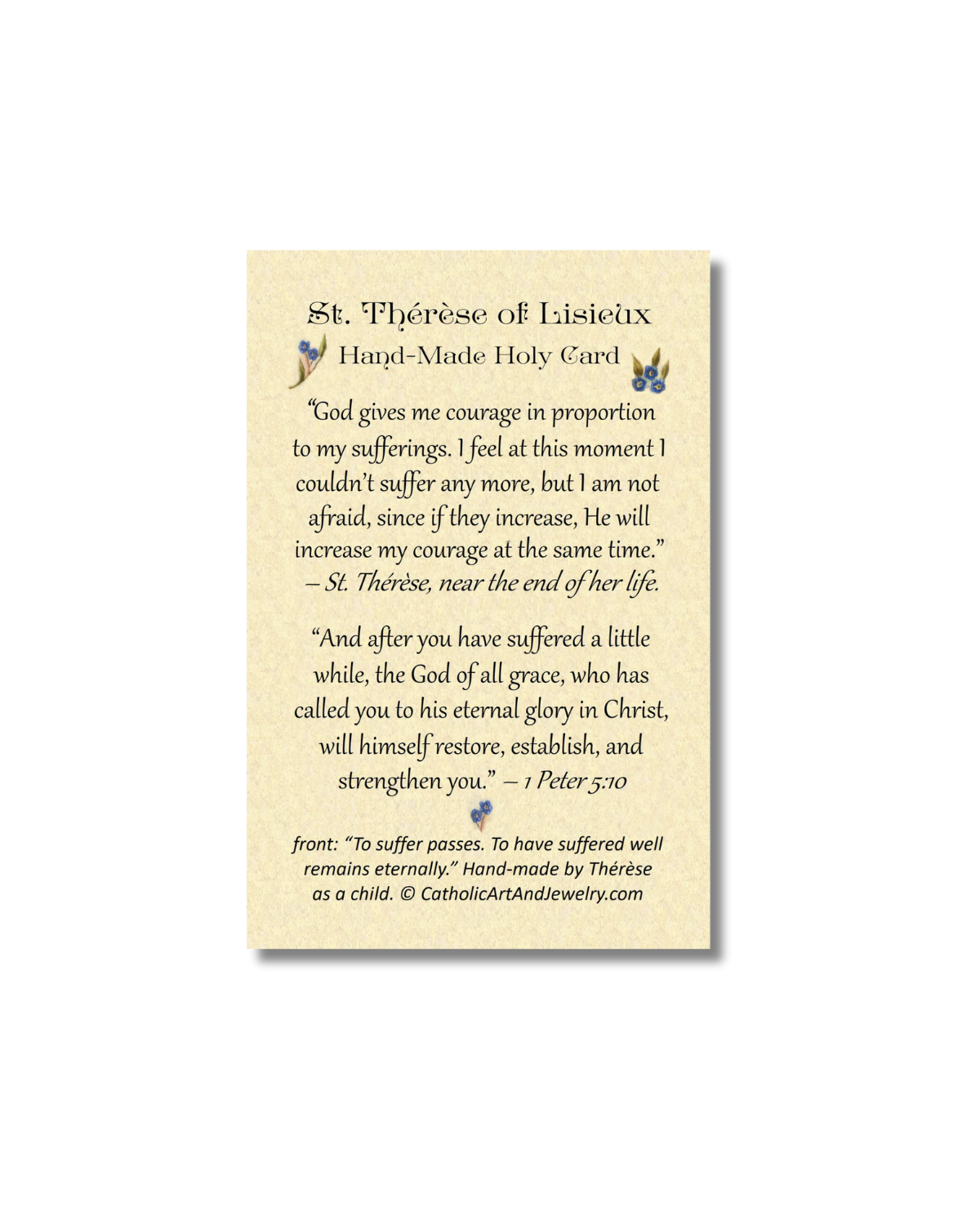 Beige handmade holy card of St. Therese with quote on back