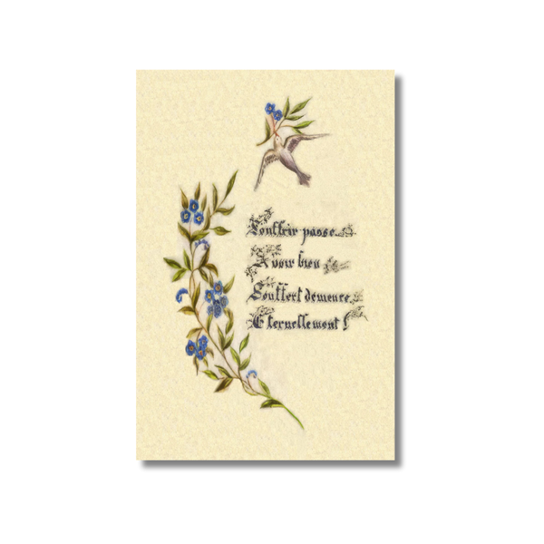 St Therese handmade holy card with hummingbird and blue flowers