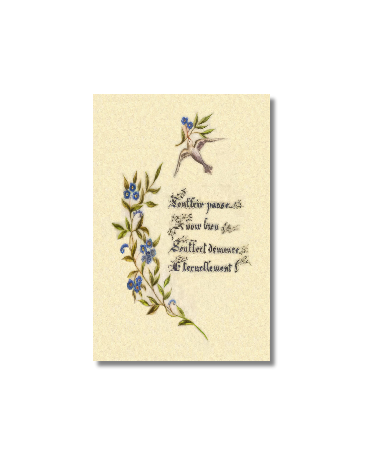 St Therese handmade holy card with hummingbird and blue flowers