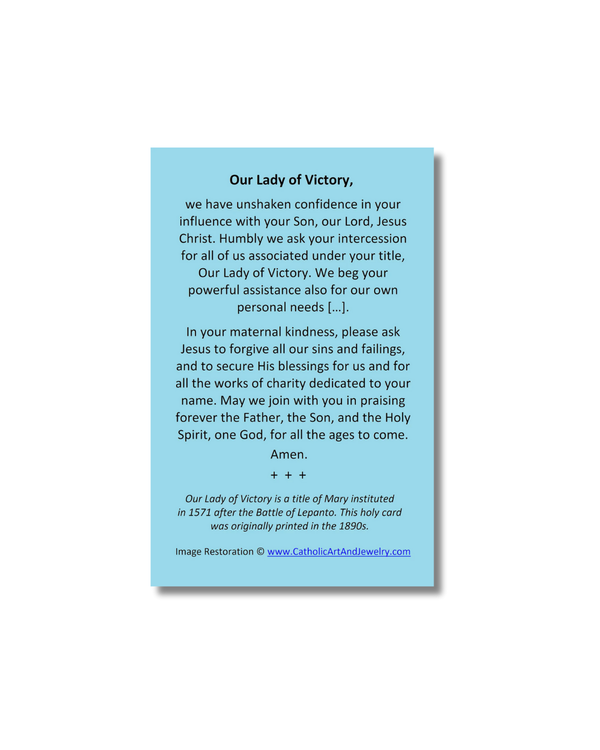 Light blue rectangular Our Lady of Victory holy card with black text