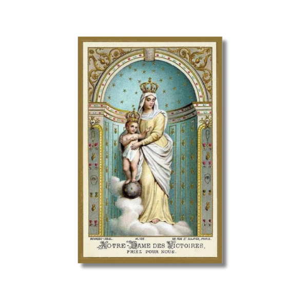 Our Lady of Victory holy card with Virgin Mary and Christ child