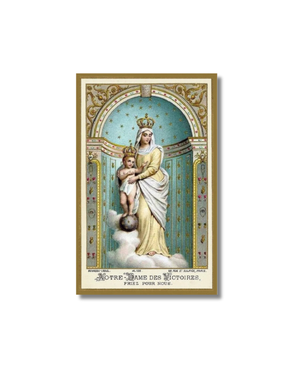 Our Lady of Victory holy card with Virgin Mary and Christ child