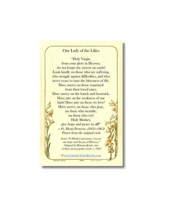 Our Lady of the Lilies holy card with lily borders
