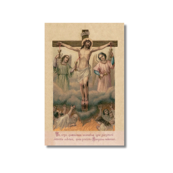 Vintage sepia Jesus on cross with angels for Holy Souls in Purgatory prayer