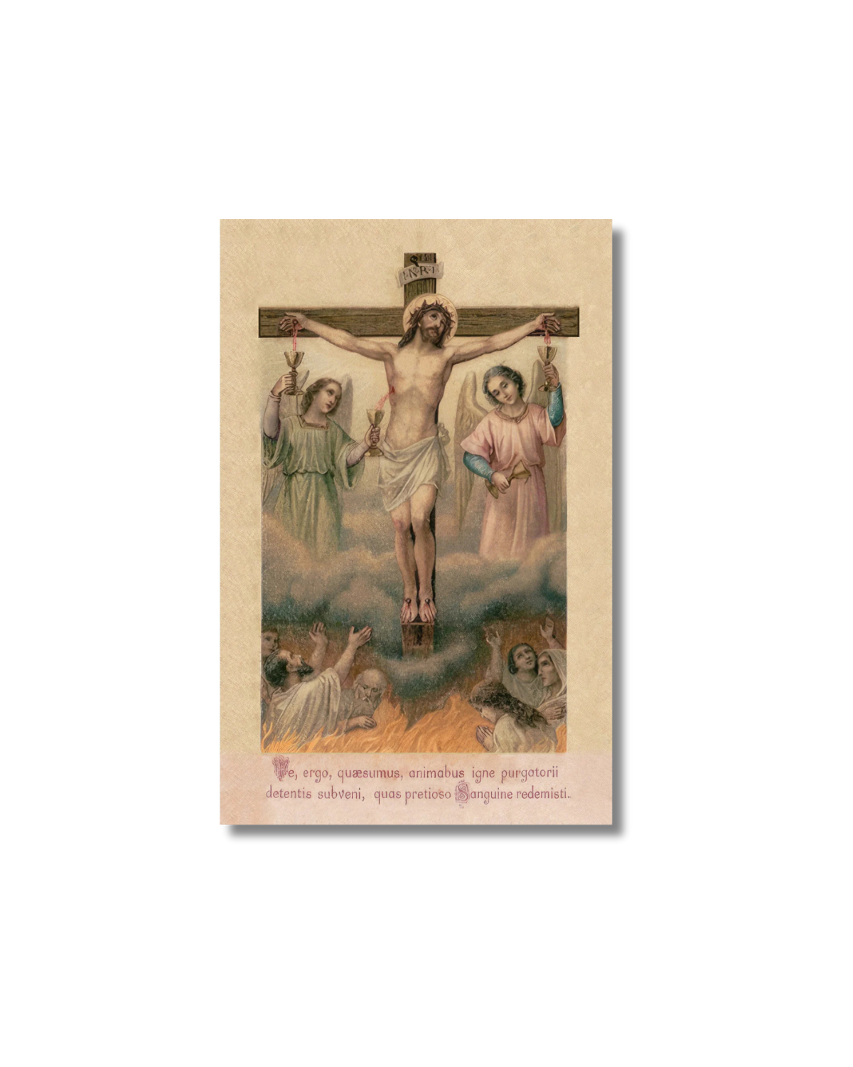 Vintage sepia Jesus on cross with angels for Holy Souls in Purgatory prayer