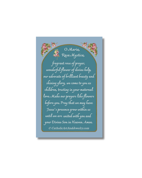 Rosa Mystic Holy Card: light blue rectangular prayer card with teal arched design