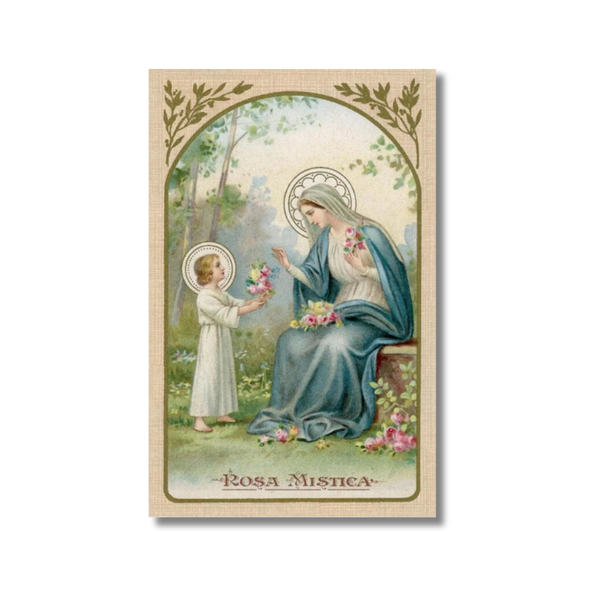 Rosa Mystic Holy Card: Virgin Mary in blue robe receiving flowers from child
