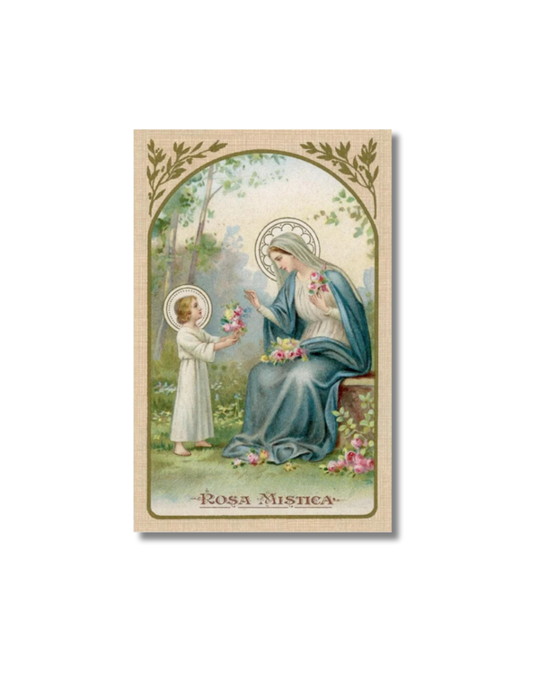 Rosa Mystic Holy Card: Virgin Mary in blue robe receiving flowers from child
