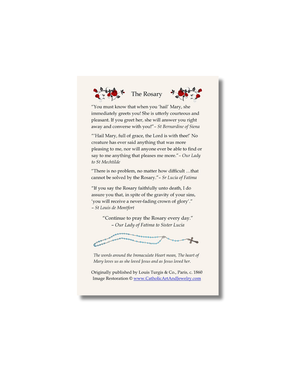 Rosary Holy Card with blue beaded rosary and red floral design