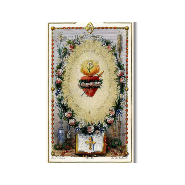 Vintage Sacred Heart of Jesus holy card with rosary design