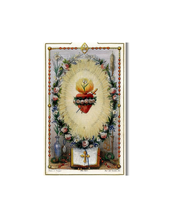 Vintage Sacred Heart of Jesus holy card with rosary design
