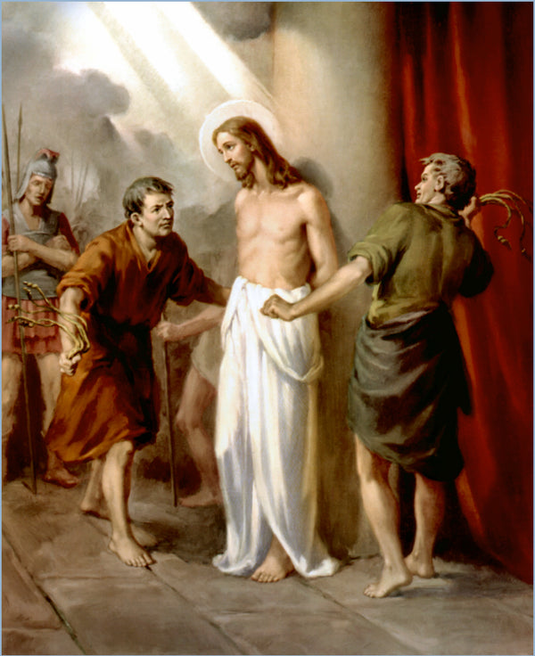 A classical oil painting depicting jesus christ, bare-chested and wrapped in a flowing white cloth, standing with two figures beside him under dramatic lighting.