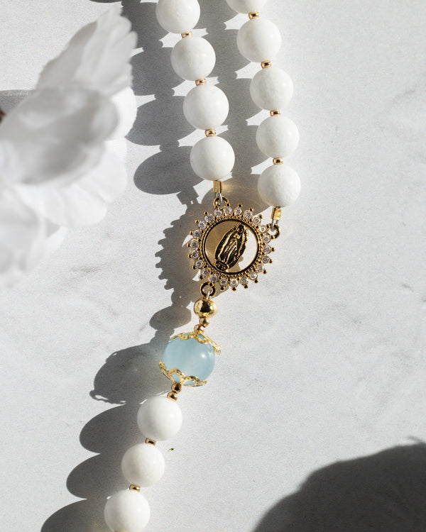 White beaded bridal rosary with Virgin Mary medallion and blue jade bead