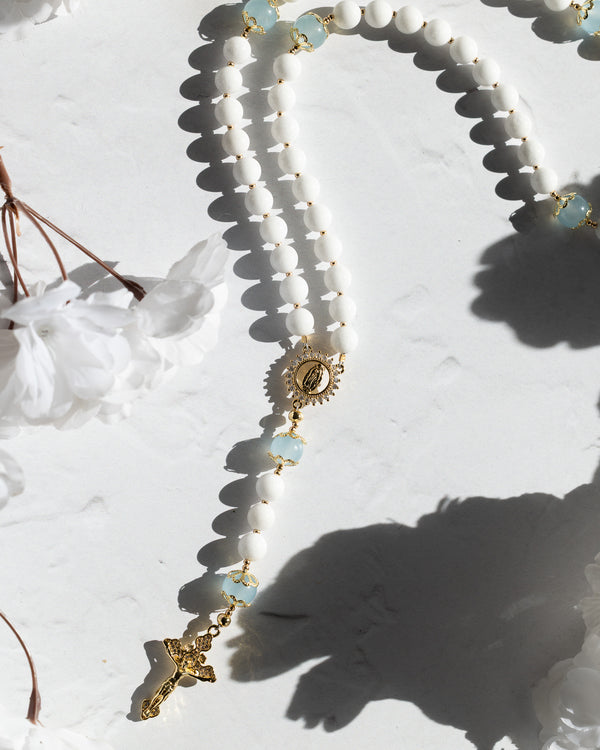 White beaded Something Blue wedding bridal rosary with gold accents and cross