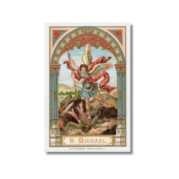 St. Michael the Archangel ornate print in blue gold armor red wings