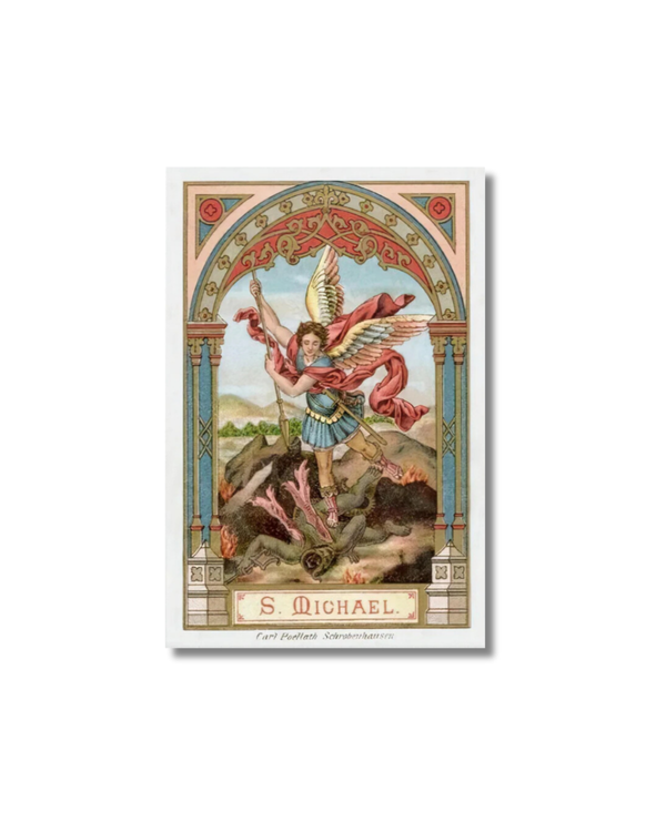 St. Michael the Archangel ornate print in blue gold armor red wings