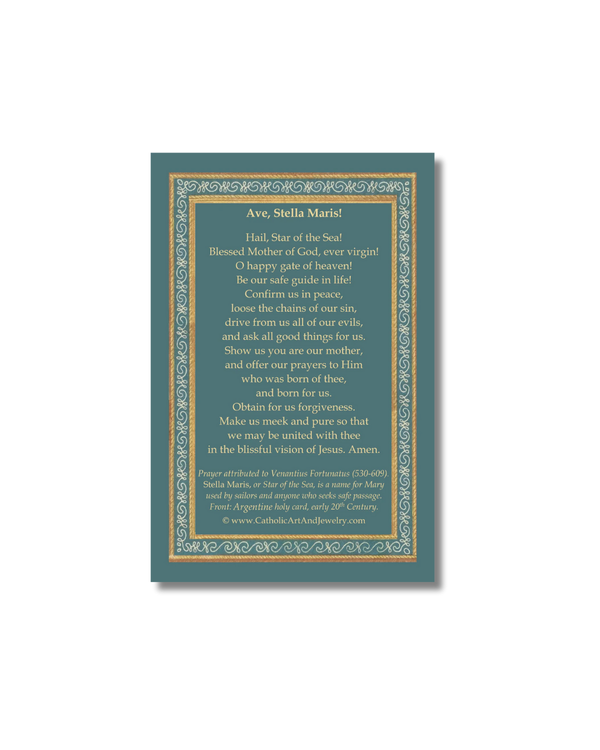 Teal Stella Maris holy card with gold white ornate border and Ave Stella Maris text