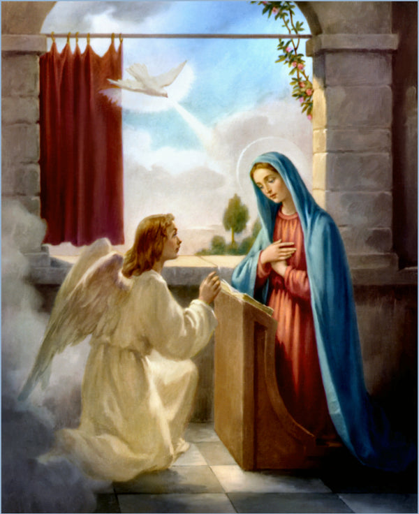 A serene religious painting depicting the annunciation, featuring a white-robed angel kneeling before mary in a blue and red robe with a golden halo.